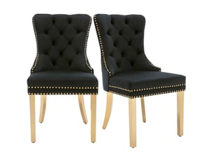 Chaise de salle à manger 51x65.5x95 cm en velours noir et métal doré, dossier orné d'un anneau de décoration
