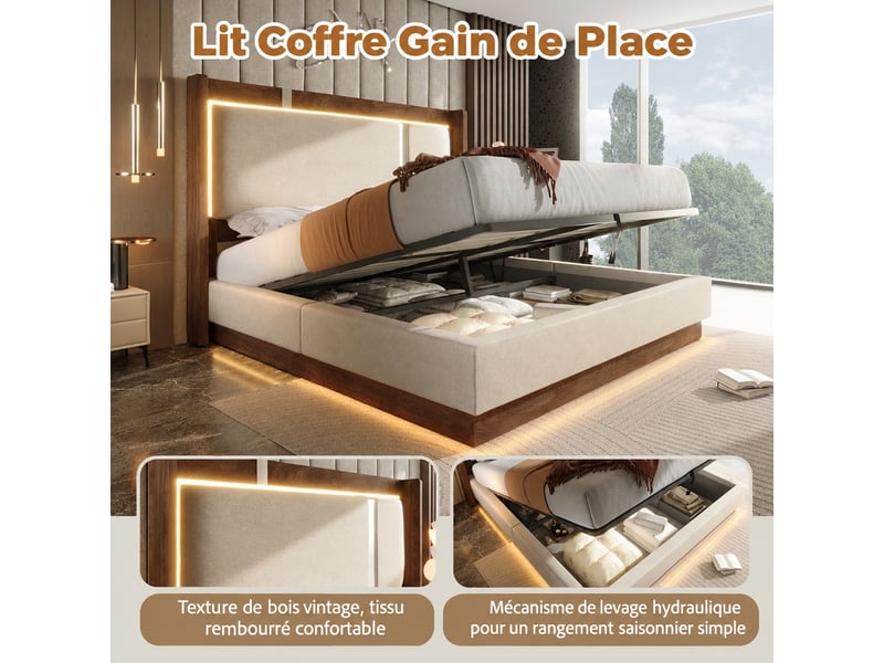  Lit double 160 x 200 cm, coffre hydraulique, led, sommier à lattes beige  - Conforama E