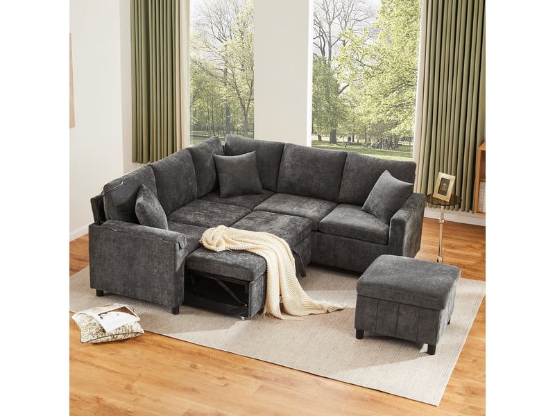  Canapé d'angle, canapé convertible – en chenille, port usb, 205×205×85cm, avec pouf, porte-gobelets, gris  - Conforama D