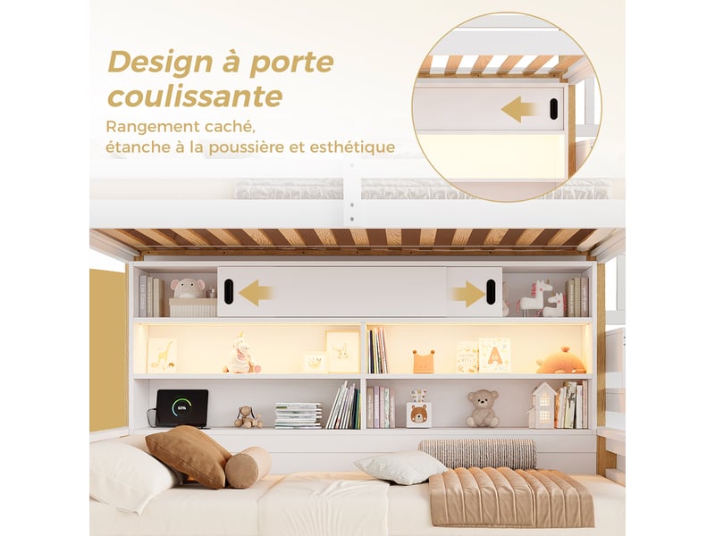  Lit superposé en bois massif 90x200+90x200 cm, bandeau led, ports usb, échelle de rangement, portes coulissantes, blanc + naturel  - Conforama E