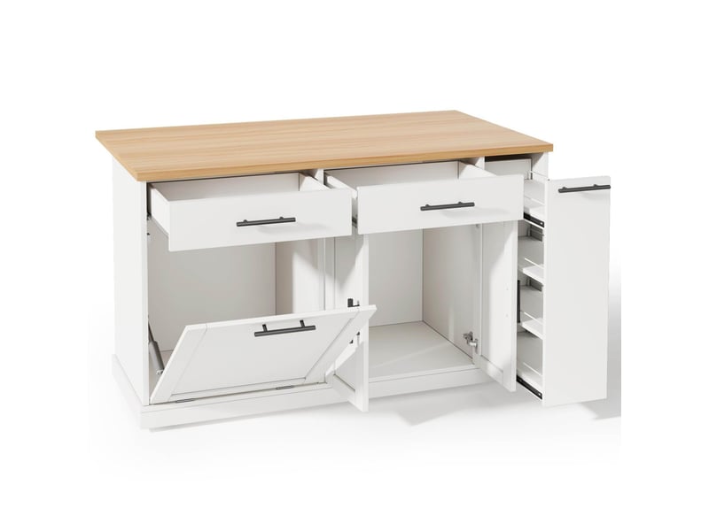Îlot de cuisine mobile 120x45 (70)x93 cm, desserte avec plan de travail rabattable, tiroirs, étagère à épices, mdf blanc - Conforama W