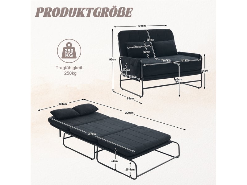  Canapé convertible 2 places 104x85x92104x200x34 cm, design, poches latérales, mousse, métal, chenille noir  - Conforama C