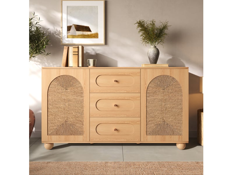  Buffet 2 portes tressées et 3 tiroirs, 140 x 40 x 80 cm, mdf, naturel  - Conforama D