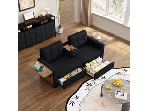 Canapé droit convertible DESVIAE  2 places Tissu noir avec coffre de rangement