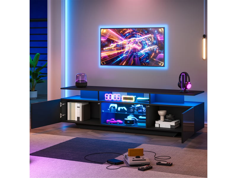  Meuble tv bas 160 cm, finition noir, meuble de salon brillant, 2 portes, avec éclairage led  - Conforama D