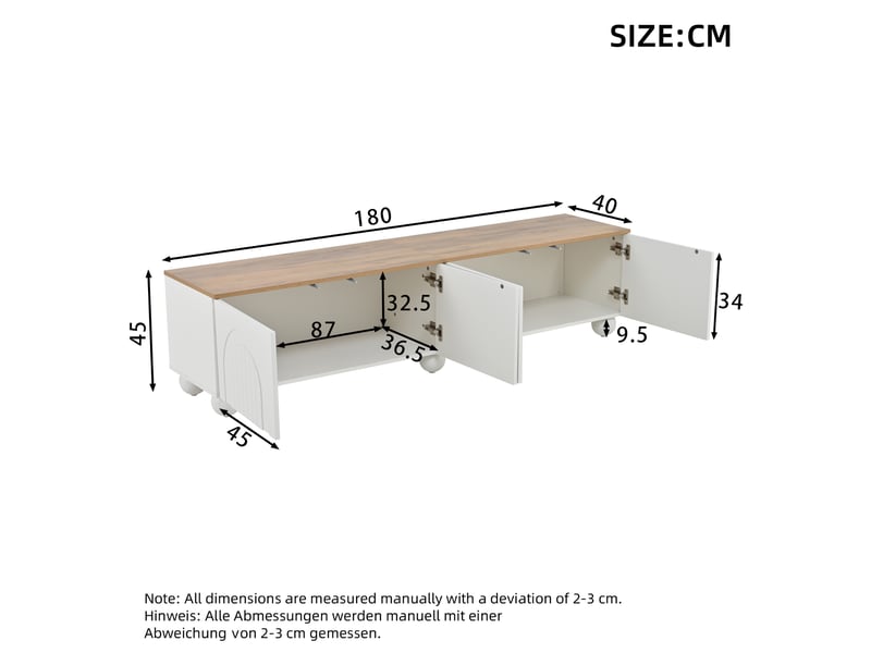 Meuble tv bas 180x40x45 cm pour écran jusqu’à 80 pouces, meuble télévision avec 4 portes push-to-open, 6 pieds boule en métal, mdf, blanc et bois OPULERANE TRADING LTD - Conforama C