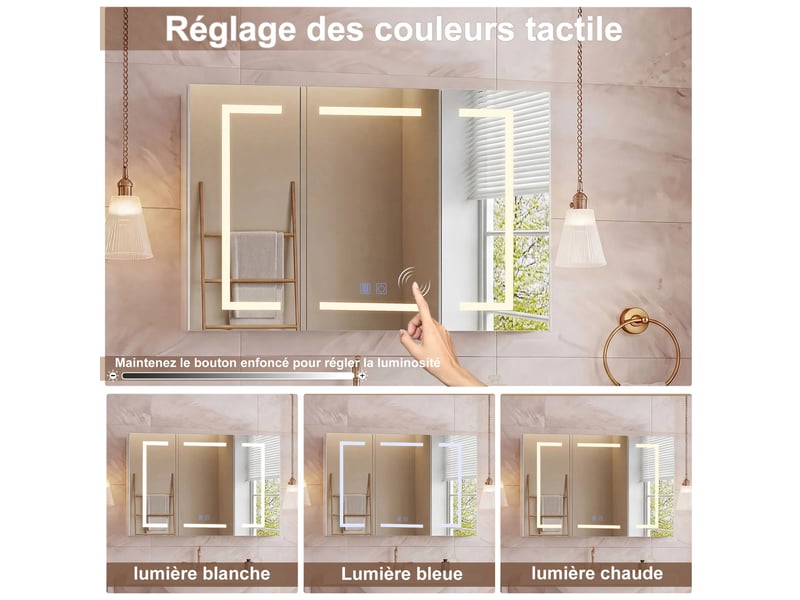  Armoire murale de salle de bain - 100x60cm - miroir led 3 couleurs antibuée avec prise eu et distributeur de mouchoirs - blanc  - Conforama C