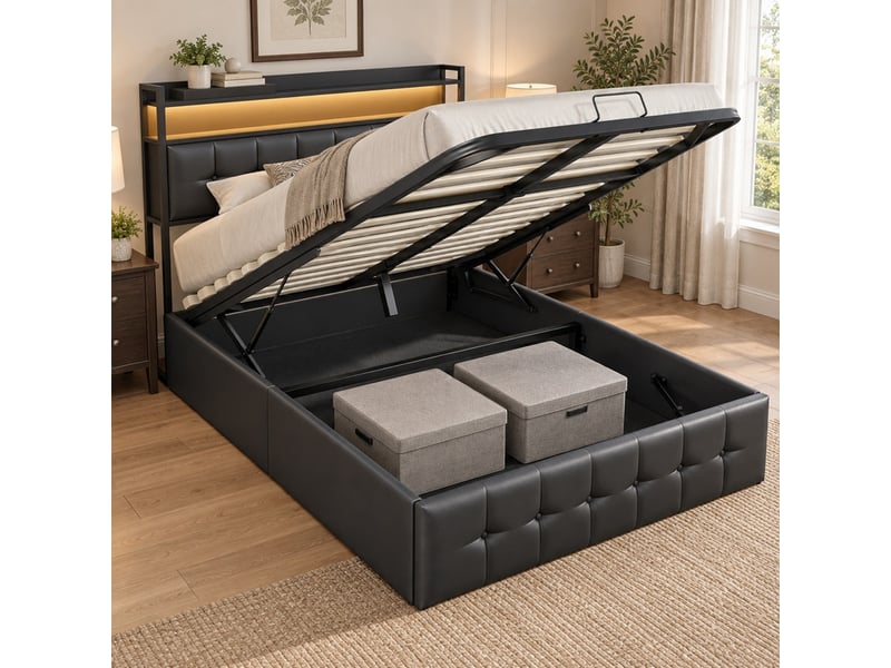  Lit coffre 2 places 140x190 cm avec rangement, lit adulte, port usb, led, tête de lit, design simple, pu noir  - Conforama B