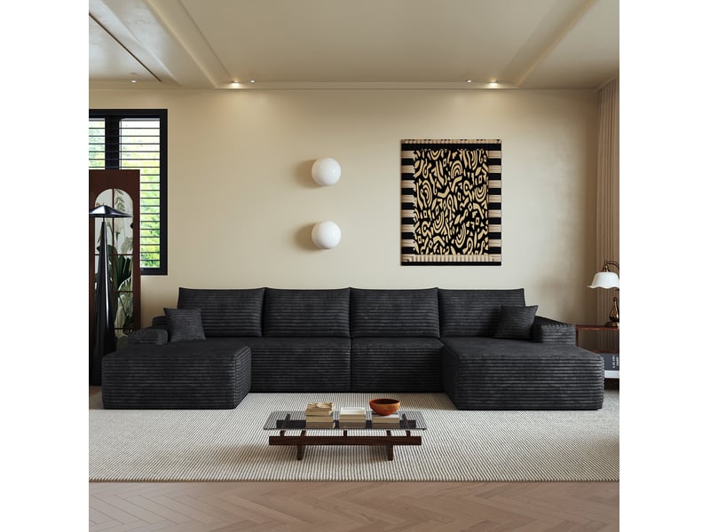 Canapé d'angle fixe 5 places en velours côtelé noir 340x175x83 cm, chaise longue en l, sans montage - Conforama E