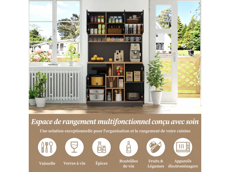  Buffet de cuisine moderne 105 x 45 x 185 cm, portes brillantes et rangements, anthracite et noir  - Conforama C