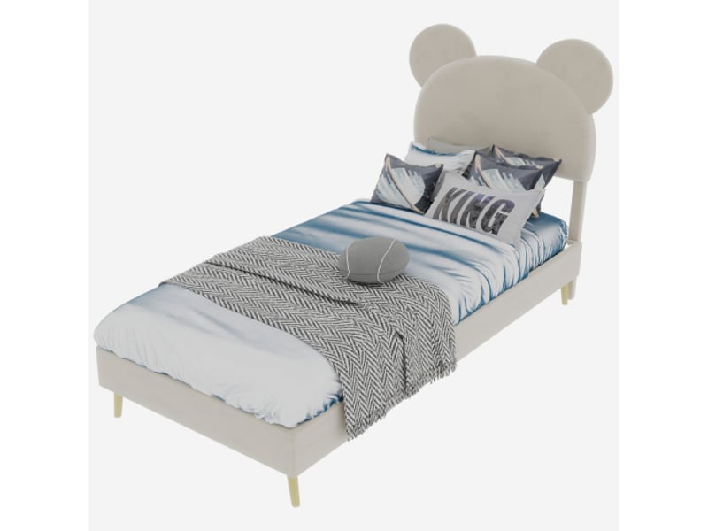 Lit enfant 90x200 cm, tête de lit dessin animé, sommier à lattes, en velours, beige, sans matelas  - Conforama D