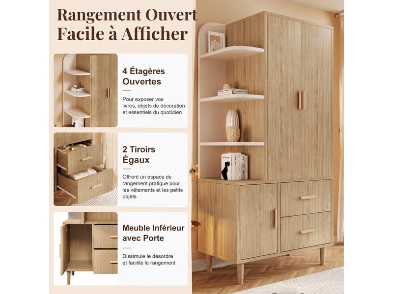 Armoire penderie blanche et effet chêne, led à détecteur, 2 tiroirs, 80 x 48 x 176 cm - Conforama E