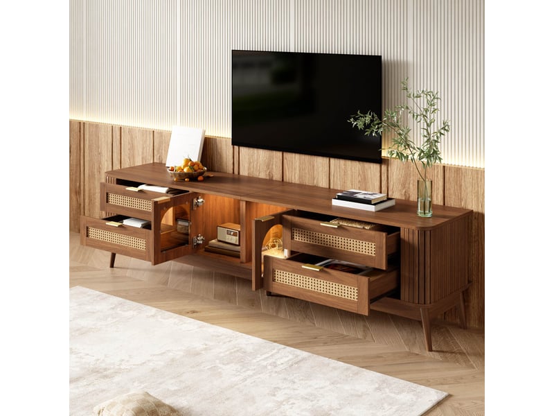  Meuble tv 180 cm avec led, 4 tiroirs en rotin, 2 portes cintrées en verre trempé, poignées métal, pieds en bois massif, noyer Sol Morn - Conforama D