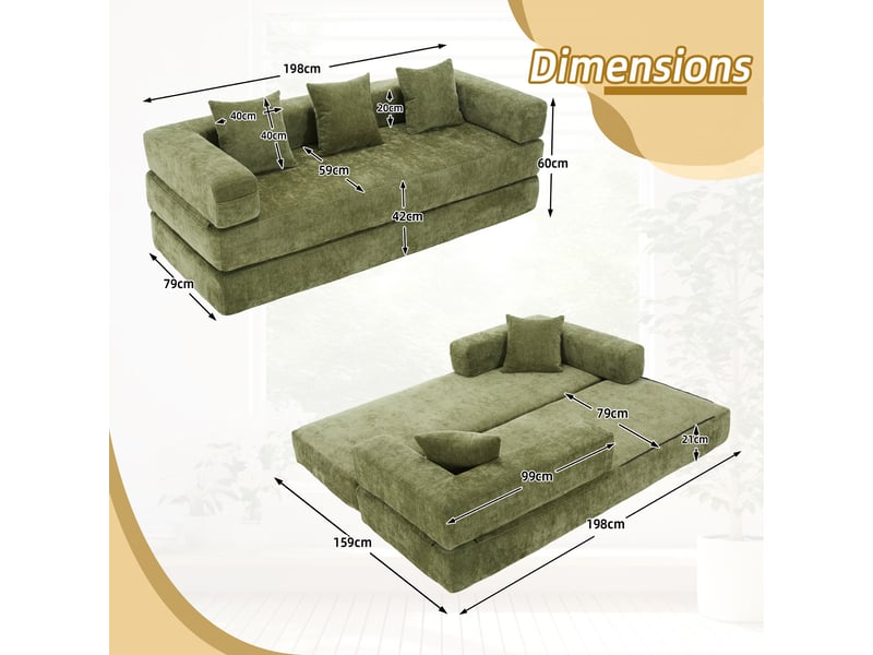  Canapé-lit convertible compressée modulable 3 places,198x79x60cm,avec poches latérales et base anti-glisse,chenille,vert  - Conforama C