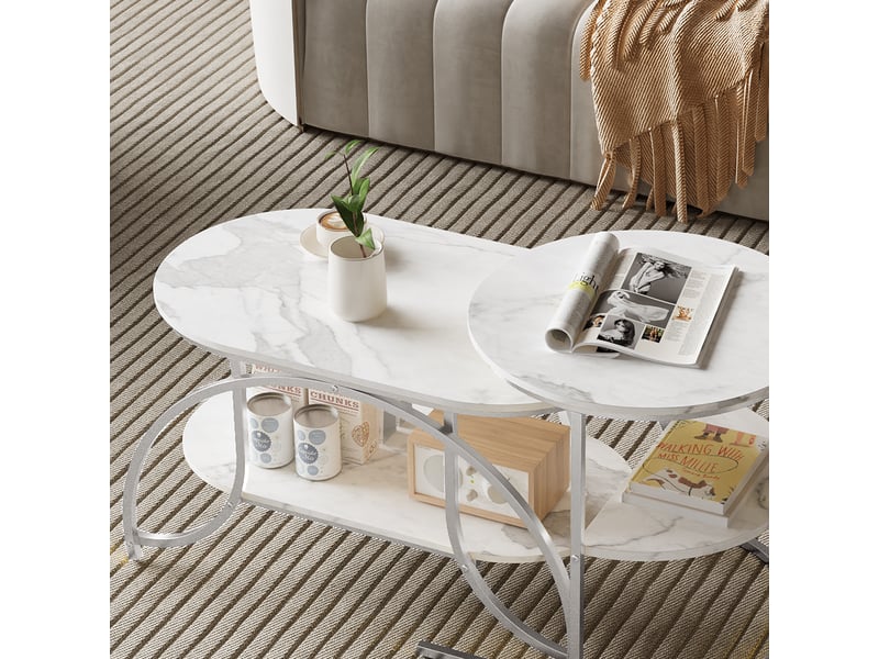 Table basse à imitation marbre blanc, structure métallique argentée, étage de rangement, style moderne pour salon  - Conforama E