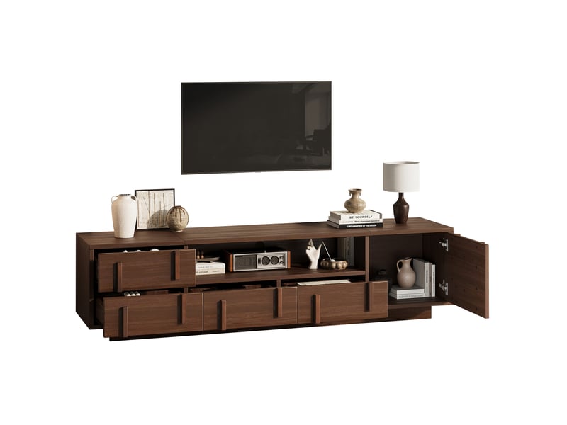  Meuble tv 180x40x45 cm avec 4 tiroirs, 1 porte et 2 niches, noyer foncé  - Conforama A