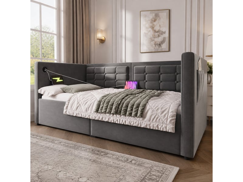 Lit banquette 90x200 cm en velours gris avec rangement hydraulique et usb - Conforama C