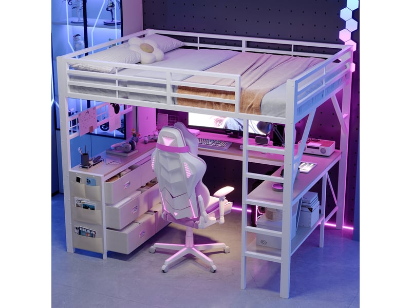 Lit mezzanine gamer 140x200 cm, bureau en u, tiroirs et penderie, led, métal et mdf blanc Radiant Stride - Conforama B