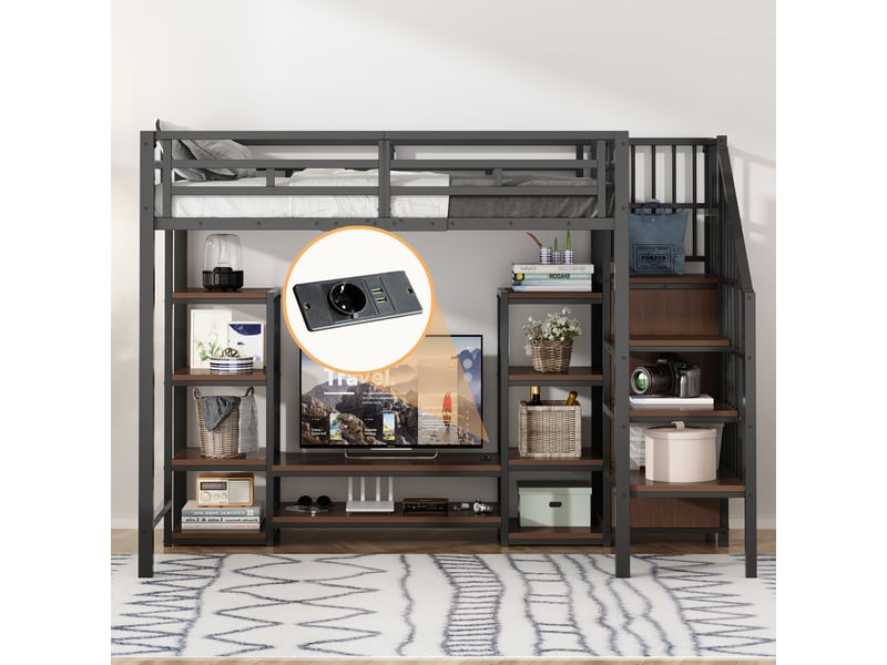 Lit mezzanine adulte 90x200 cm métal et bois noir - échelle, support tv et rangements intégrés - Conforama D