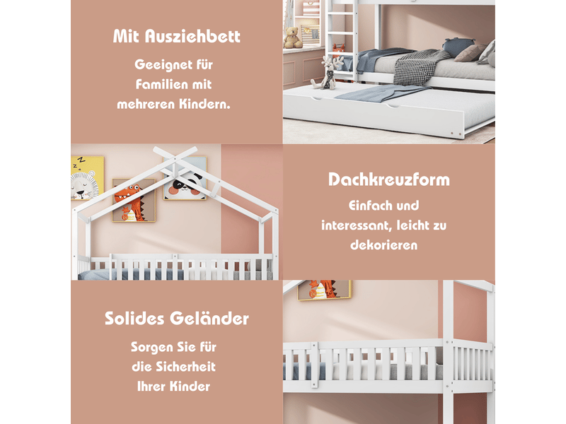  Lit cabane enfant 90x200 en bois massif avec lit gigogne 3 places - blanc  - Conforama E