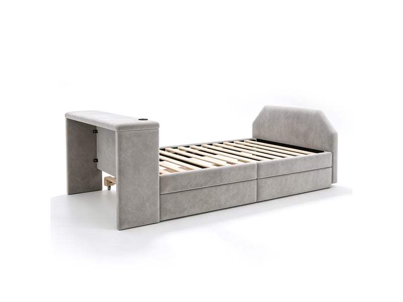  Lit enfant gigogne rembourré 90x200 cm gris avec bureau intégré, usb et couchage d’appoint Fay Lum - Conforama E