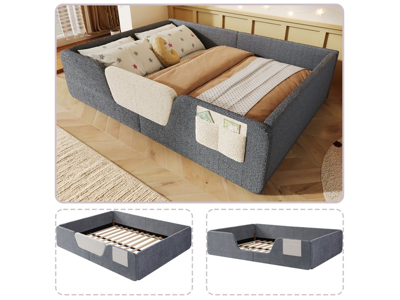  Lit capitonné enfant 140x190, lit en velours gris avec barrières de sécurité amovibles et poche de rangement, sans matelas  - Conforama E