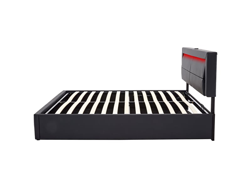  Lit rembourré 160 x 200 cm avec rangement sous le lit, éclairage led, ports usb et recharge sans fil, revêtement pu noir Fay Lum - Conforama W