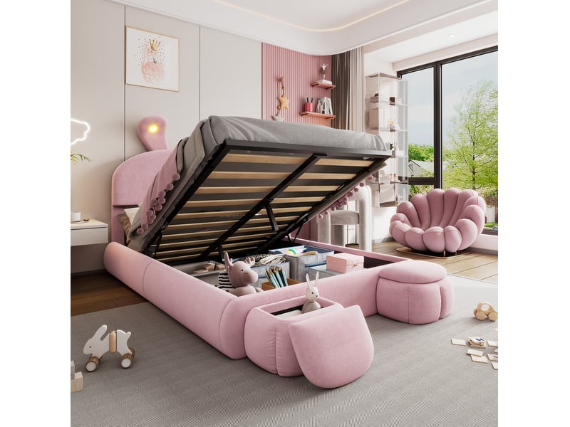 Lit double 140x200 cm en velours rose avec rangement hydraulique et led réglable - Conforama B