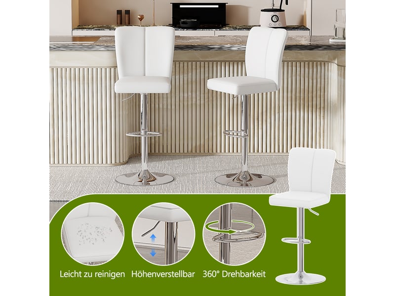Lot de 2 tabourets de bar réglables et pivotants 360°,similicuir et métal argenté,blanc - Conforama E