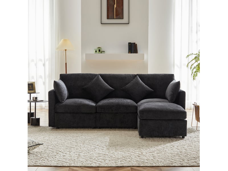  Canapé d'angle ulevr modulable en chenille gris 216 x 161 cm avec pouf mobile et 4 coussins, 3 à 4 places  - Conforama D