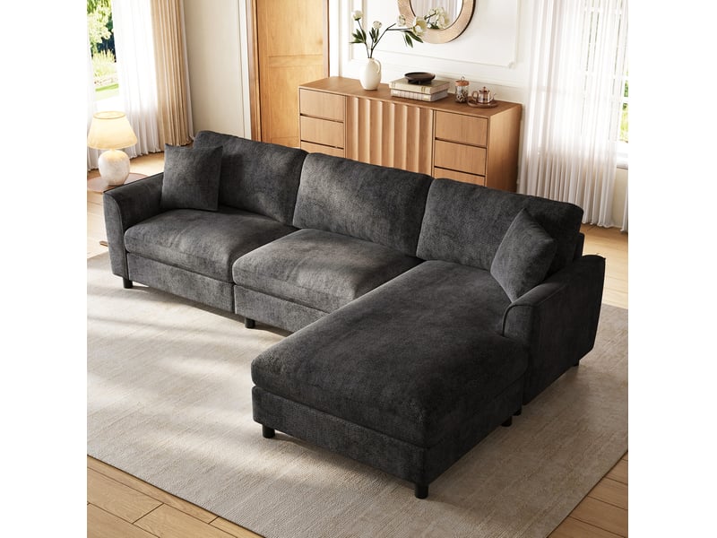 Canapé d'angle réversible 3 places avec méridienne large et coussins déhoussables en chenille gris, 256 × 137 × 79 cm - Conforama B