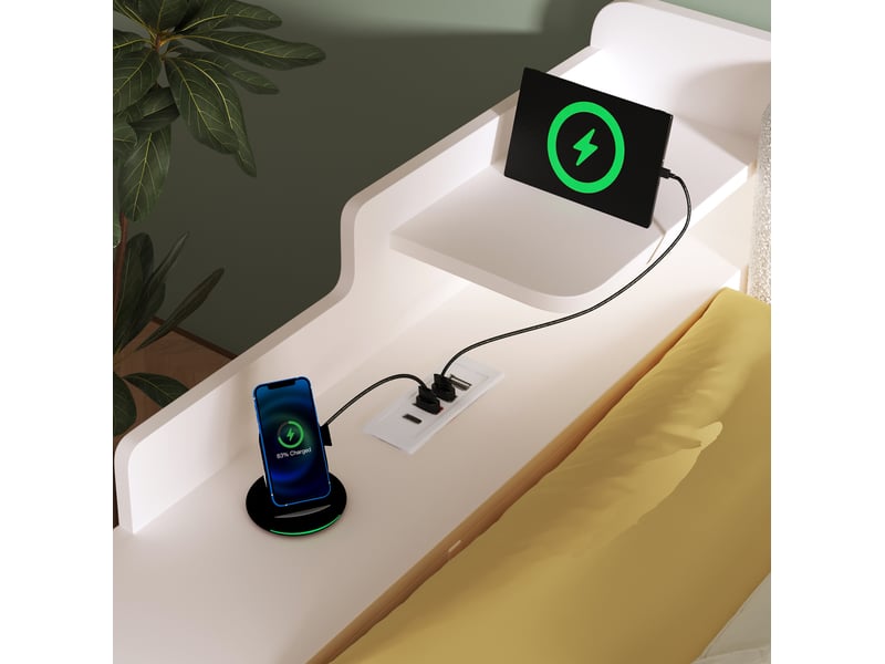 Lit banquette 2 places 140x200 cm avec rangement et station de charge, pour chambre, moderne, mdf, blanc, sans matelas - Conforama D