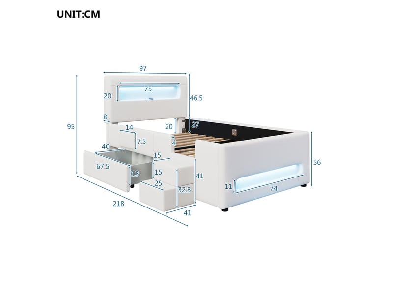  Lit rembourré 90 x 200 cm escalier intégré tiroirs de rangement éclairage led ports usb poches de rangement blanc  - Conforama C