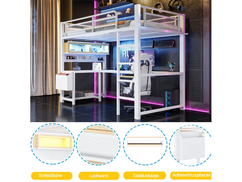  Lit mezzanine, 90x200 cm, bureau avec led et chargeur usb, solutions de rangement, métal et mdf et bois, coloris blanc  - Conforama E