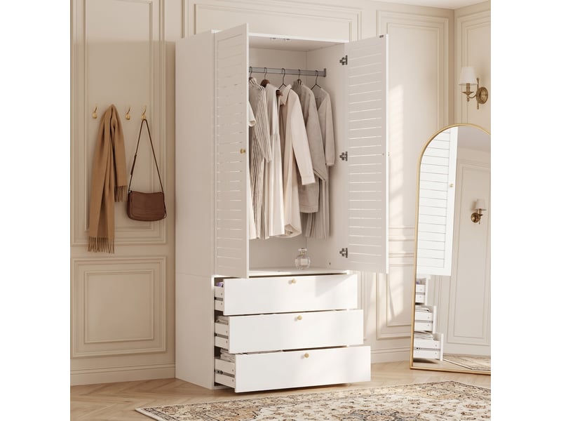  Armoire de chambre 90 x 50 x 200 cm avec 2 portes à persiennes, 3 tiroirs et tringle, armoire haute, blanc  - Conforama B