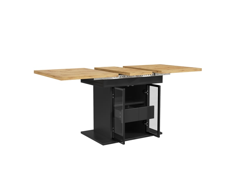 Table à manger extensible 110-140 x 80 cm avec rangement, led rgb via application, 2 tiroirs, portes coulissantes vitrées, structure noire - Conforama D
