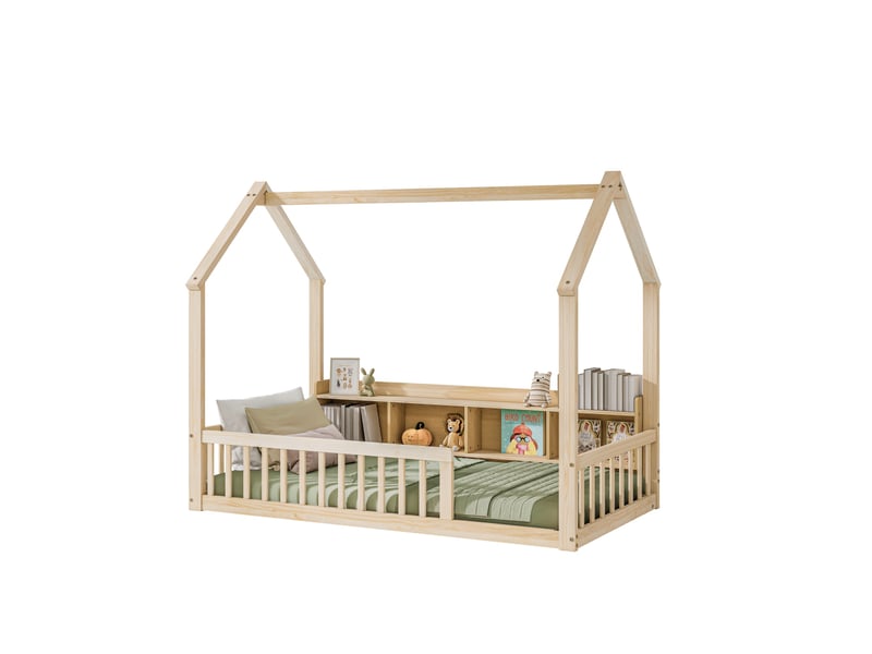  Lit cabane enfant 90x200 cm avec étagères et barrières de sécurité naturel, sans matelas  - Conforama A