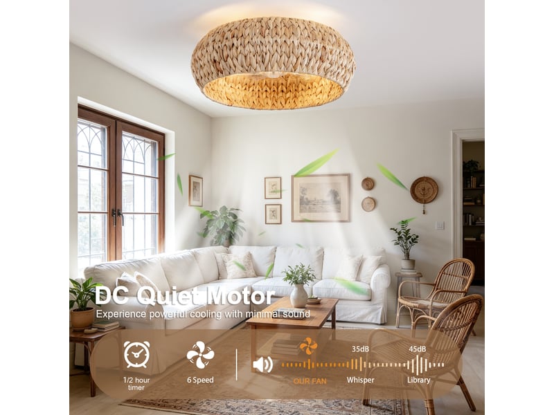 Ventilateur plafonnier lumineux 19 pouces en rotin cuivré avec 6 vitesses - Conforama E