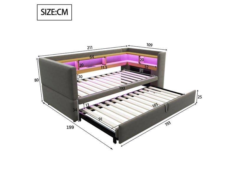  Lit banquette rembourré extensible 90x190 à 180x190 cm avec rangements, led multicolore, prises électriques, sommier à 24 lattes, flanelle gris foncé Radiant Stride - Conforama C
