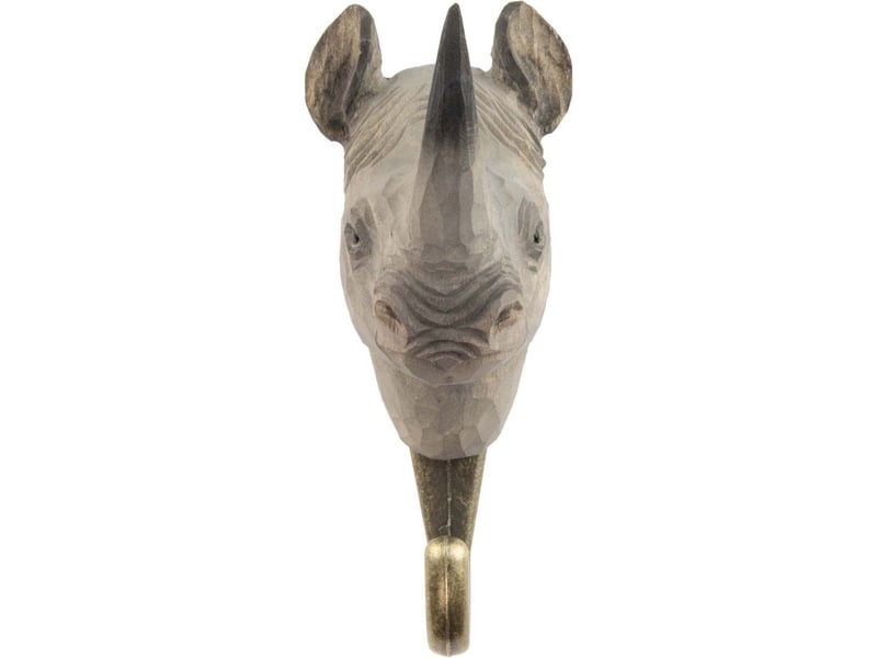  Patère animal en bois sculpté à la main et métal rhinocéros  - Conforama D