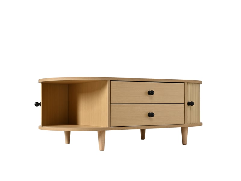  Table basse ovale 100x50x36 cm bois clair, portes tambour, 2 tiroirs et pieds en bois massif Fay Lum - Conforama D