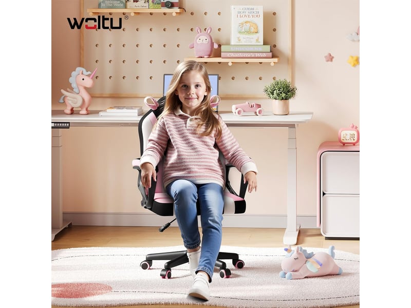  Chaise de jeu pour enfants, motif licorne, en tissu maillé, rose, avec dossier et accoudoirs, avec roulettes universelles et lestées  - Conforama B