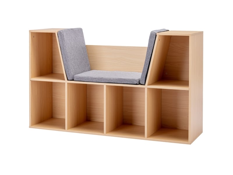  Bibliothèque enfant avec banquette 103 x 30 x 62 cm gris et naturel, mdf, 6 compartiments, 3 coussins  - Conforama A