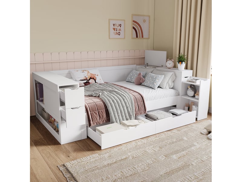  Lit avec rangement 90x200 cm blanc avec table de chevet  - Conforama D