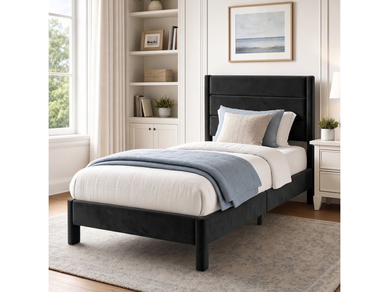  Lit 90x200 cm, lit 1 personne avec sommier à lattes en bois, cadre de lit métallique avec tête de lit rembourrée, charge maximale 300 kg, noir  - Conforama B