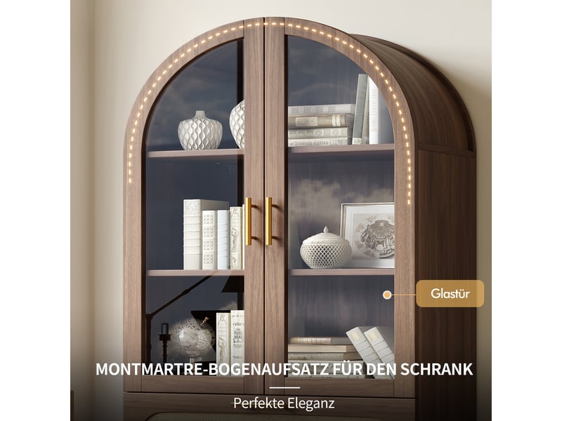  Buffet haut 175x80x40 cm avec 2 tiroirs et portes vitrées, armoire de rangement spacieuse et stable pour maison  - Conforama E