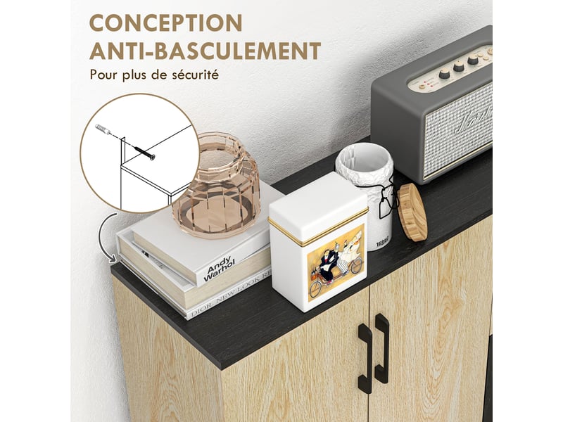  Meuble buffet de rangement cuisine 2 placards étagère réglable 2 tiroirs naturel noir 90 x 30 x 75,5 cm  - Conforama R