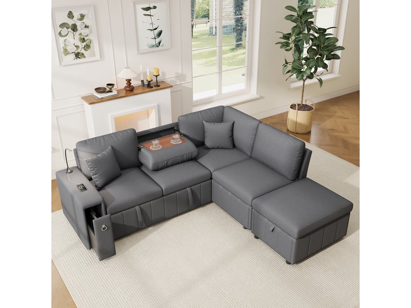  Canapé d’angle convertible l 213 x 184 x 88 cm avec fonction couchage, pouf coffre, table d’appoint rabattable, lampe de lecture led, usbtype-c, tissu chenille - gris  - Conforama C