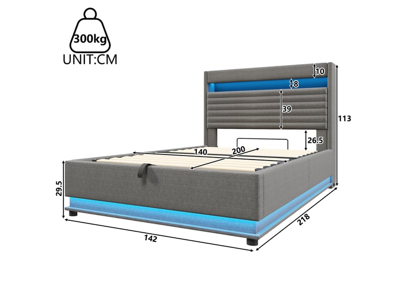  Lit coffre 2 places 140x200 cm avec led, usb et type-c coloris gris  - Conforama C