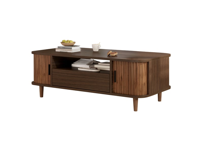 Table basse 100.00x50.00x35.00 cm avec tiroir et 2 portes à rideau, finition noyer - Conforama A
